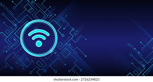 Concepto de seguridad cibernética con el icono de wifi brillante en marco circular sobre fondo azul oscuro. Ilustración de red digital con símbolo inalámbrico de neón rodeado de Elementos de placa de circuito y patrones de tecnología.