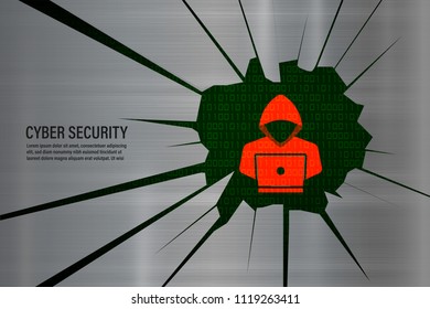 Cyber Security Concept : Hacker on cracked metal with binary coed background