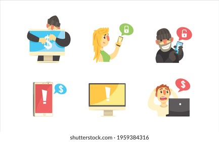 Cyber Security Concept, Hackers Robbing Computers and Smartphones Set, Criminals, Burglars Wearing Black Hats Stealing Personal Information Cartoon Vector Illustration