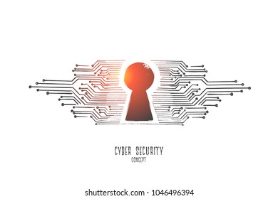 Cyber security concept. Hand drawn digital keyhole as symbol of cyber security. Safety in internet technology isolated vector illustration.