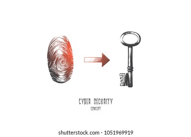Cyber security concept. Hand drawn digital fingerprint and key. Symbols of internet protection isolated vector illustration.