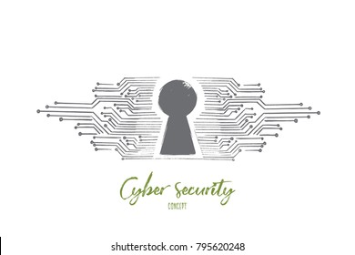 Cyber security concept. Hand drawn digital keyhole as symbol of cyber security. Safety in internet technology isolated vector illustration.