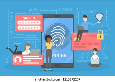 Cyber security concept. Idea of digital data protection and safety. Modern technology and virtual crime. Access to information through password or fingerprint. Flat vector illustration