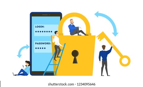 Cyber security concept. Idea of digital data protection and mobile safety. Modern technology and virtual crime. Access to information through password. Flat vector illustration