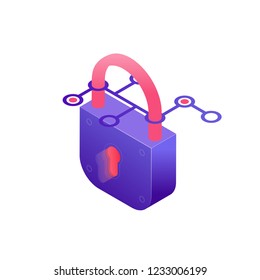 Cyber security concept illustration in 3d design. Padlock, data and passwords protection in isometric design isolated on white background.