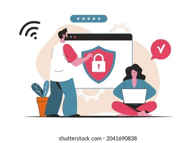 Cyber security concept isolated. Password protection personal data, identification. People scene in flat cartoon design. Vector illustration for blogging, website, mobile app, promotional materials.