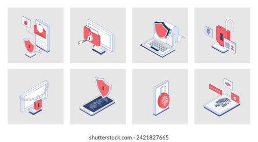 Cyber security concept of isometric icons in 3d isometry design for web. Safety shield access with data privacy protection, fingerprint verification and password lock system. Vector illustration