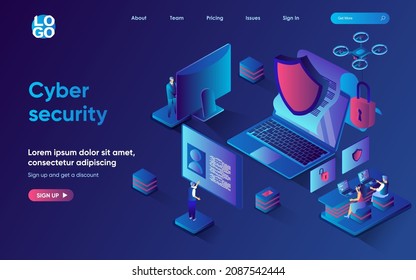 Cyber security concept isometric landing page. Protection of personal data on Internet, access by password to profile, 3d web banner template. Vector illustration with people scene in flat design