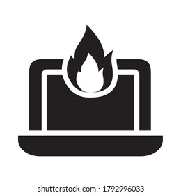 cyber security concept, laptop computer with fire flame icon over white background, silhouette style, vector illustration