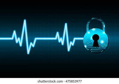 Cyber security concept: Lock With Keyhole icon on digital data background. Illustrates security or information privacy idea, EKG, electrocardiogram, heart waves