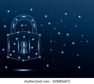 Cyber security concept. Lock symbol from lines, triangles, point connecting network on blue. Cyber safety padlock. Internet security lock information privacy low poly polygonal innovation technology