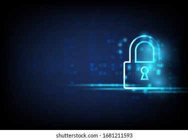 Cyber security concept. Lock symbol from lines and triangles, point connecting network on blue background. Illustration vector