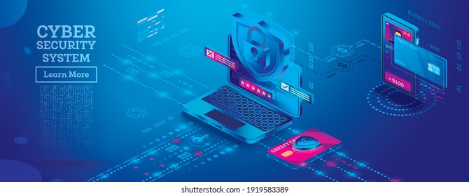 Cyber Security Concept. Lock Symbol. Isometric Laptop, Credit Card and Smart Phone with Shield. Data Protection Concept. Vector Illustration.