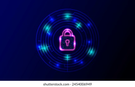 Cyber security concept. Locks on technology and dark background. Hacker protection and viruses on the Internet.