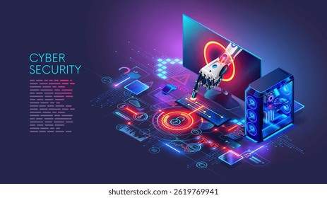 Cibersegurança. Mão de bot mal-intencionada sai da tela do computador, pressiona o botão no teclado. O ícone de bloqueio na tela bloqueia o acesso aos dados do usuário. Sistema de segurança dos dados. Proteção do computador. Hacking