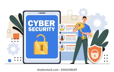 Cyber security concept. Man near shield at smartphone. Safety of personal data and information on internet. Protection of account. Cartoon flat vector illustration isolated on white background