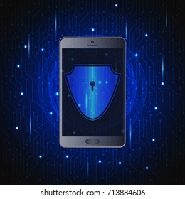 Cyber security concept, mobile phone with shield icon on circuit board background vector illustration, protection from bad hacker or damage to hardware, software, data or information, system privacy