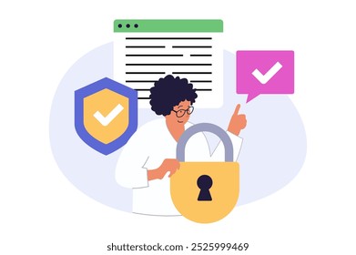 Concepto de seguridad cibernética en diseño plano moderno para el Web. Mujer que utiliza el sistema de protección con el acceso del bloqueo, la verificación de la Contraseña y la Identificación para la seguridad de la información personal. Ilustración vectorial.