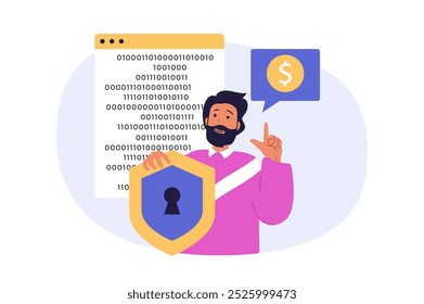 Cyber security concept in modern flat design for web. Man using protective system for his personal finance accounts with encryptions and locking access with key verification. Vector illustration.