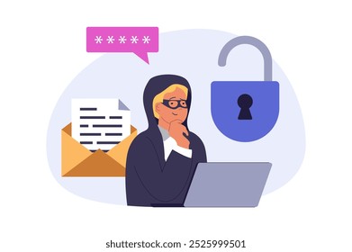 Concepto de seguridad cibernética en diseño plano moderno para el Web. Hacker tratando de desbloquear la Contraseña y obtener acceso a información privada, haciendo ataques de virus a servidores o Cuentas. Ilustración vectorial.