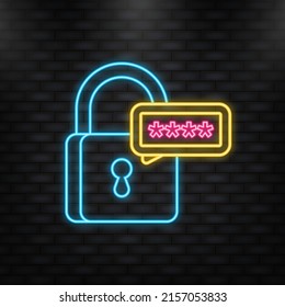 Cyber security concept. Neon icon. Padlock, lock. Privacy concept. Flat button. Digital background