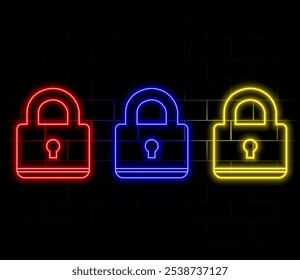 Concepto de seguridad cibernética. Icono de neón. Candado, bloqueo. Concepto de privacidad. Botón plano. Fondo digital.