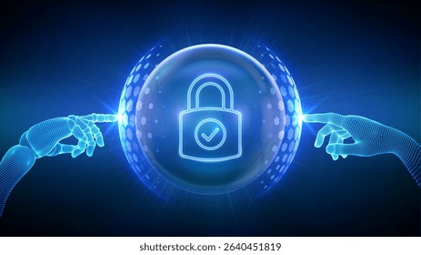 Cyber security concept. Network safety. Information privacy. A robot and a human hands touching a protection sphere shield with a hexagon pattern and a Padlock with Check mark icon inside. Vector.
