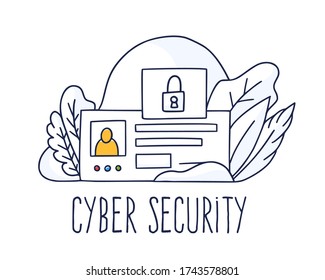 Cyber security concept. Online data protection internet security concept with personal ID doodle horizontal isolated copy space.