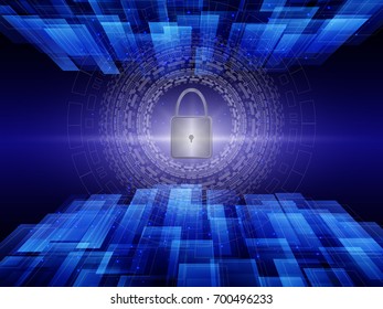 Cyber security concept with pad lock icon on digital space background vector illustration, protection from bad hacker risk or damage to their hardware, software, data or information, system privacy