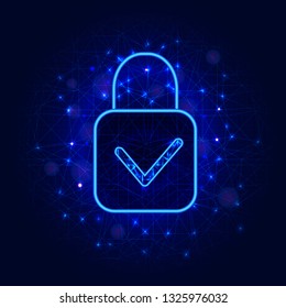 Cyber security concept. Padlock with check mark on abstract blue background. General data protection regulation design. Vector illustration