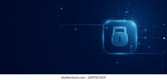 Concepto de seguridad cibernética con icono de candado en un fondo digital futurista