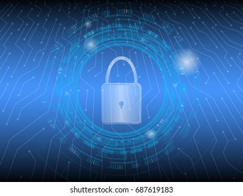 Cyber security concept with padlock icon on blue gradient background vector illustration, protection from bad hacker risk or damage to their hardware, software, data or information, system privacy