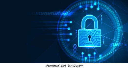 Cyber security concept. Padlock with Keyhole icon on digital data background. Illustration cyber data security or information privacy idea.scammer attention Blue abstract hi speed internet technology.