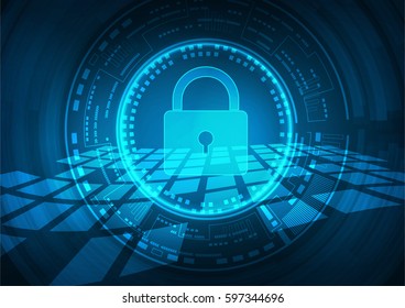 Cyber security concept: Padlock With Keyhole icon on digital data background. Illustrates cyber data security or information privacy idea. Blue abstract hi speed internet technology.