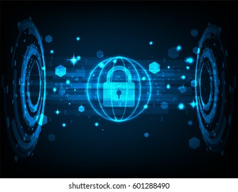 Cyber security concept: Padlock With Keyhole icon on digital data background. Illustrates cyber data security or information privacy idea. Blue abstract hi speed internet technology.