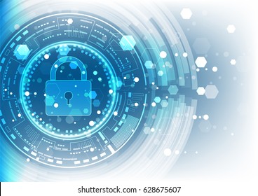 Cyber security concept: Padlock With Keyhole icon on digital data background. Illustrates cyber data security or information privacy idea. Blue abstract hi speed internet technology.