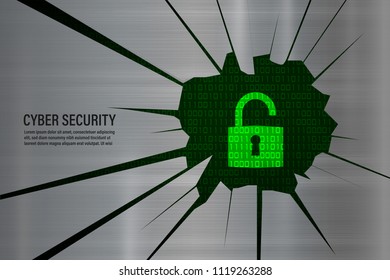Cyber Security Concept : padlock on cracked metal with binary coed background