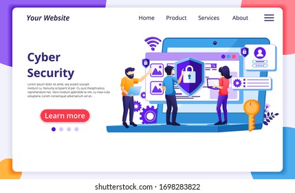Concepto de ciberseguridad, personas acceden y protegen la confidencialidad de los datos. Diseño moderno de páginas web planas para el desarrollo de sitios web y móviles. Ilustración del vector