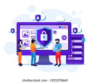 Cyber security concept, people work on screen protecting data and confidentiality vector illustration