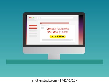 Cyber security concept. Phishing email flat vector on computer asking for personal data. Congratulations, you have won $1000.