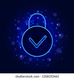 Cyber security concept. Secure online cloud data storage design with padlock on abstract polygonal background with mesh. Digital technology for information protection.  Flat Vector illustration