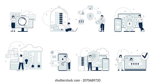 Cyber security concept. Secure working, privacy politics industry. Data protection, no computer hacking. Finance and database saving, recent vector scenes