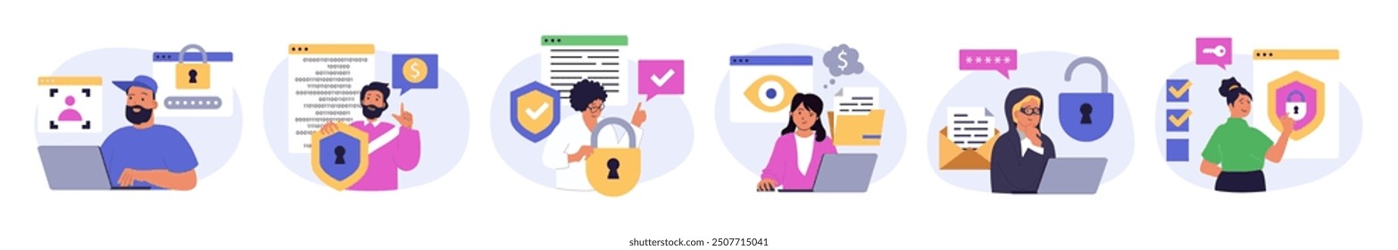 Cyber security concept set in flat design for web. Collection with people using protection system with identify scans, protecting online personal information with firewal shield. Vector illustration.