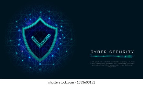 Cyber security concept. Shield with check mark, digital cyber data privacy protection, internet technology on abstract polygonal background. Blue vector illustration