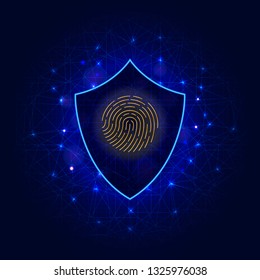 Cyber security concept, shield with fingerprint icon scan on abstract polygonal digital data background. Cloud cyber data security privacy concept. Internet information technology illustration
