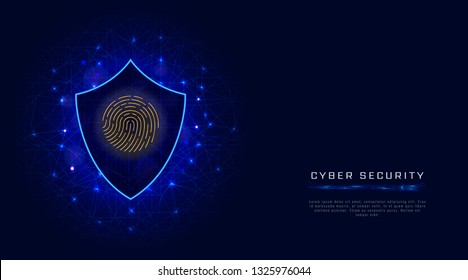Cyber security concept. Shield with fingerprint scan. Cloud data protection banner template on abstract geometric background. Vector illustration