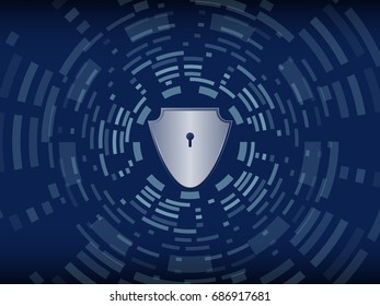 Cyber security concept with shield icon & technology circle  vector illustration, protection from theft, bad hacker risk or damage to their hardware, software, data or information, system privacy