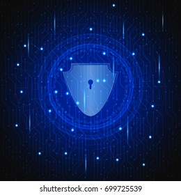 Cyber security concept with shield icon on circuit board background vector illustration, protection from bad hacker risk or damage to their hardware, software, data or information, system privacy