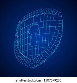 Cyber security concept. Shield with keyhole composed of polygons. Business data protection. Wireframe low poly mesh vector illustration.