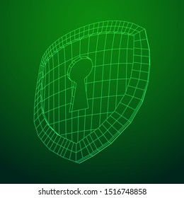 Cyber security concept. Shield with keyhole composed of polygons. Business data protection. Wireframe low poly mesh vector illustration.